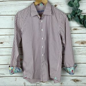 ROBERT GRAHAM Boys Red and Gray Stripe Check Button Up Dress Shirt  L 14/16